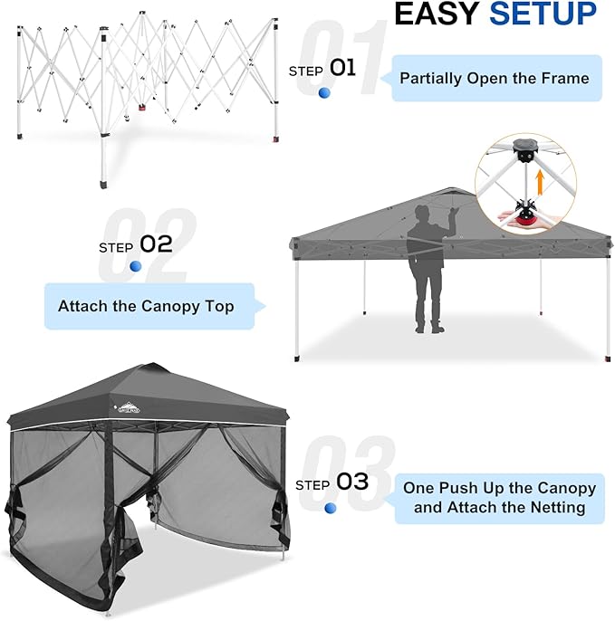 EAGLE PEAK 10x10 Outdoor Easy Pop up Canopy with Netting, Instant Screen Party Tent with Mesh Side Walls, Gray