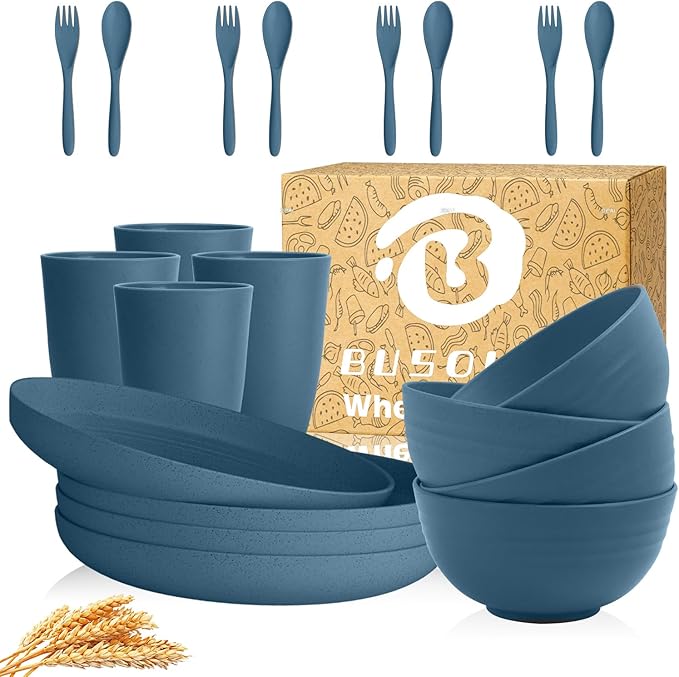 Wheat Straw Dinnerware Sets 20 PCS, Unbreakable Kid Plates and Bowls Sets, Alternative to Plastic Dishes Set for 4, Dinner Plates, Drinking Glasses for Camping, College, Dorm (Blue)