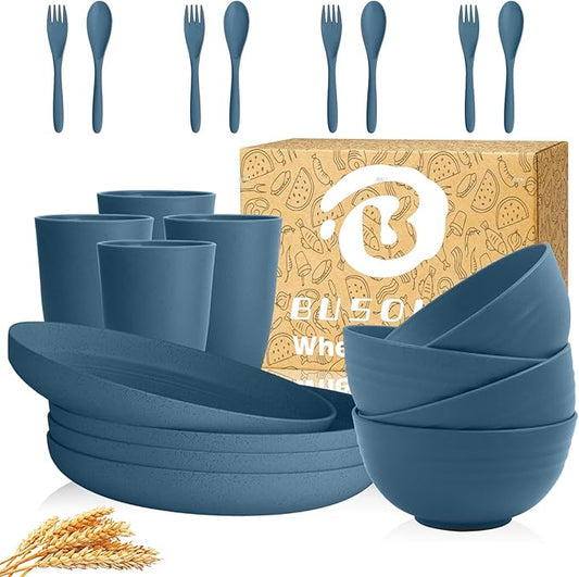 Wheat Straw Dinnerware Sets 20 PCS, Unbreakable Kid Plates and Bowls Sets, Alternative to Plastic Dishes Set for 4, Dinner Plates, Drinking Glasses for Camping, College, Dorm (Blue)