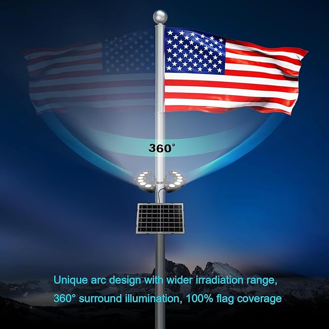 Flag Pole Lights Solar Powered 14W12000 mAh Solar FlagPole Light Up to 18-24 Hrs, IP67 Waterproof, Adjustable Clamp fits 2-6” Dia 15-40 Ft Outdoor Flagpoles Brightest, Auto Dusk to Dawn