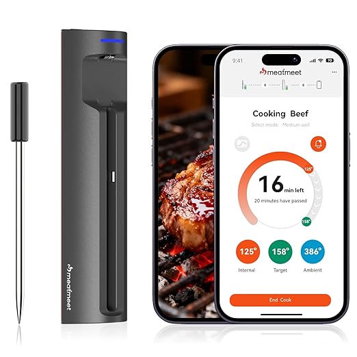 Pro WiFi Wireless Meat Thermometer Digital, Bluetooth Meat Thermometer Wireless, Smart App Monitoring, IP67 Waterproof Meat Probe Thermometer for BBQ, Oven, Grill, Smoker