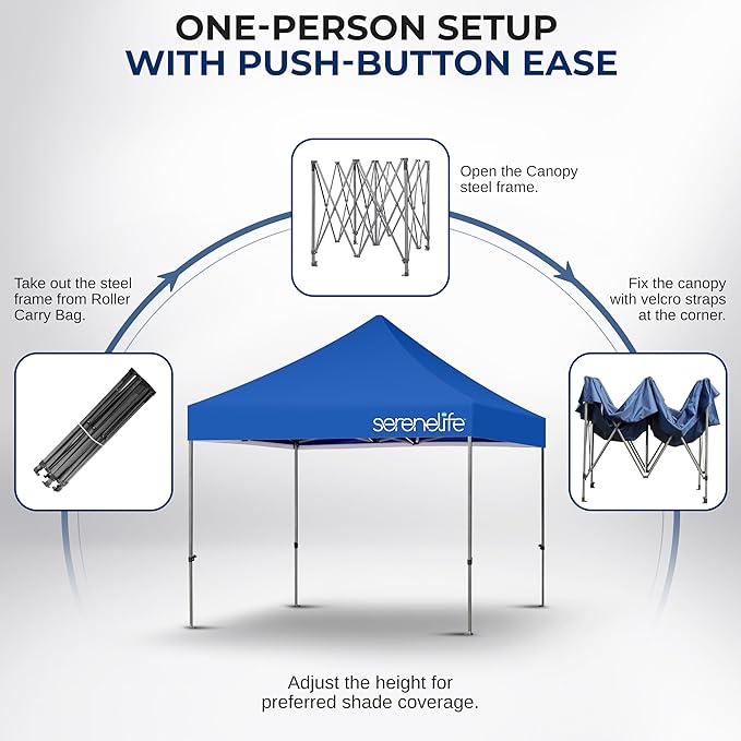 SereneLife 10x10 ft. Outdoor Pop Up Canopy, Instant Shelter, Waterproof Tent with Wheeled Carry Bag and Sand Bags, Foldable and Portable, UV and Weatherproof, Ideal for Outdoor Events (Navy Blue)