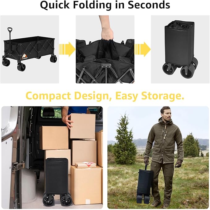 Collapsible Wagon Cart with Wheels - Foldable Wagons300L Heavy Duty-550lbs, Beach Wagon with Big Wheels for Sand Folding Utility Wagons Carts for Sports Shopping Camping