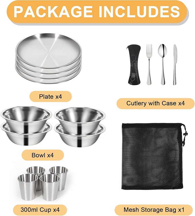 REDCAMP Stainless Steel Camping Mess Kit, Camping Dishes Set for 4, Camp Plate Set with Bowls Plates Cups Forks Spoons, for Backpacking, Outdoor Backpacking Hiking and Picnic