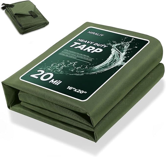 HIRALIY 20 Mil Heavy Duty Waterproof Tarp, 16x20ft Green Tarpaulin with Reinforced Webbing Loops, Multipurpose Oxford Canvas Tarp for Firewood, Roof, Camping, Pool