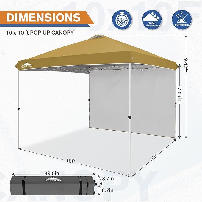EAGLE PEAK Pop Up Canopy Tent with 1 Sidewall, Easy Setup Event Tent, Outdoor Sun Shade, Wheeled Carry Bag, Stakes and Guy Ropes, Instant Canopy 10x10, Beige