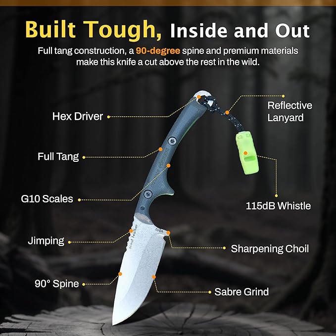 Scout Feather Glow - Fixed Blade Survival Knife with built-in Firestarter for Camping, Hunting, Outdoor Adventure and Culinary Need - VG10 Blade, Whistle, Knife Sharpener, Compact Sheath & G10 Handle