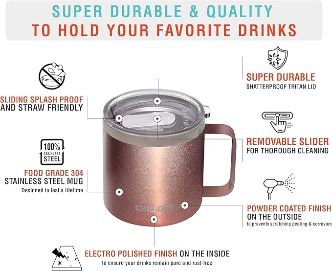 CHILLOUT LIFE Stainless Steel 16 oz (Set of 2) - Vacuum Insulated Coffee Mug with Handle and Lid, Large Thermal Camping Coffee Mug Cup with Durable Sliding Lid for Women - Rose Gold