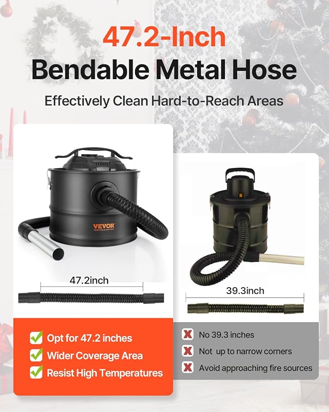 VEVOR Ash Vacuum Cleaner 4 Gallon with 1200W Strong Suction Ash Vac Collector with Wheels and 47.2-in Flexible Hose for Grills Fireplaces Pizza Ovens Log Burner Pellet Stoves Wood Stove