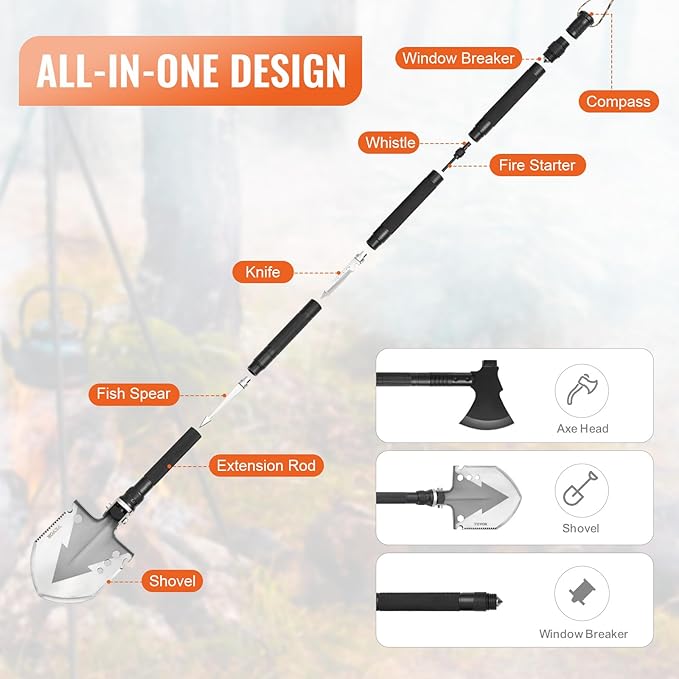 VEVOR Survival Shovel Survival Axe -16-in-1 Camping Folding Shovels with Hatchet - Stainless Steel Tactical Shovel Hatchet Combo - Multifunctional Emergency Survival Gear Equipment for Camping Hiking
