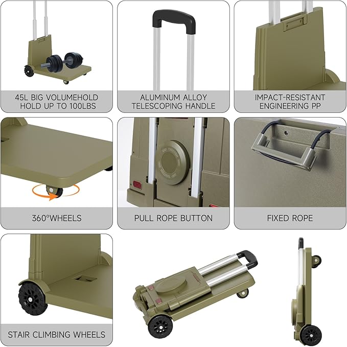 [220LBS Capacity] 4-Wheel Folding Hand Truck with Strong Base & Ropes - Heavy Duty Platform Cart for Moving/Shopping | Space-Saving Foldable Design Black Utility Carts Trolley Cart, (Green, M)