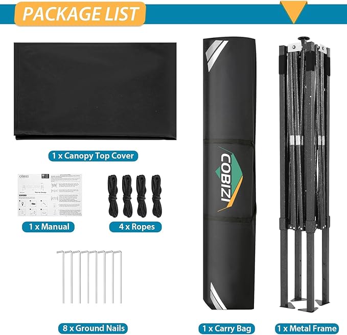 COBIZI 6.6x6.6 Pop Up Canopy Without Sidewall,Heavy Duty Canopy UPF 50+ All Season Wind Waterproof Commercial Outdoor Party Tents for Parties Canopy Gazebo with Storage Bag(6.6 x 6.6 ft Black)