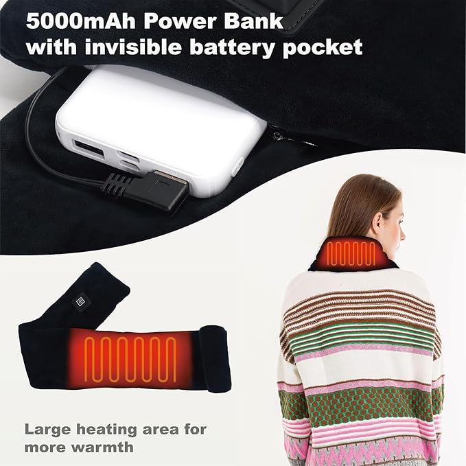 Neck Heating Pad with 5000 mAh Power Bank, Portable Heated Neck Scarf for Women, Cordless Heating Pad with Adjustable 3 Heat Settings, Soft Neck Warmer for Pain Relief