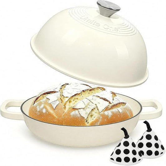 Enameled Round Cast Iron Bread Oven, 6 Qt Cast Iron Dutch Oven for Homemade Sourdough Bread Baking, Bread Pot with Dome Lid & Cotton Potholders (Cream White)
