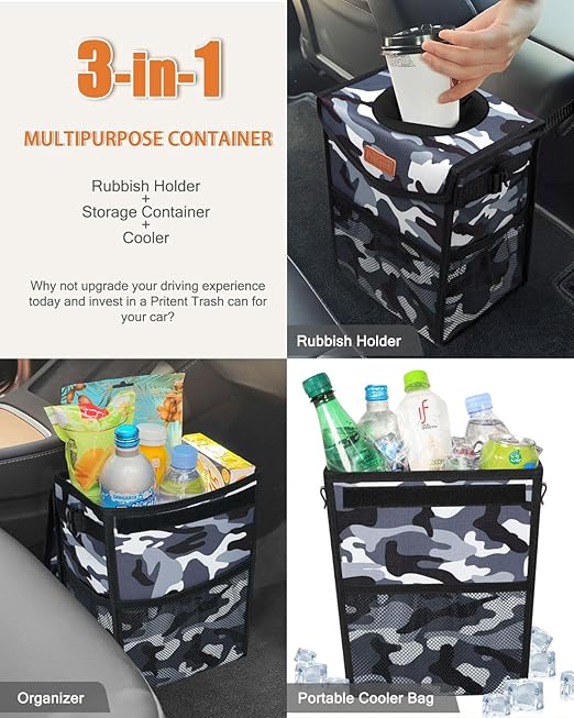 Car Trash Can with Lid, Cute Leakproof Car Trash Garbage Bag Hanging Vehicle Trash Bin Small Portable Automotive Garbage Cans Organizer for Back/Front Seat/Console(Trapezoid,Camo Grey)