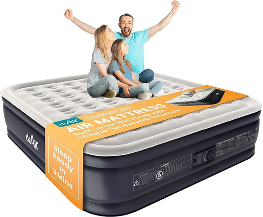 King Air Mattress, 18” Raised Inflatable Bed with Built-in Pump, Waterproof Velvety Top, Ergonomic Design, Reinforced Support, and Carry Bag for Home, Camping, and Guests