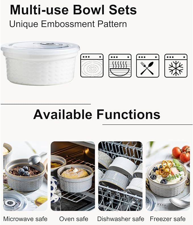 Ceramic Ramekins with Lids Oven Safe Set of 4, Baking Bowls for Dessert, Food Storage Bowls with Airtight Lids, Meal Prep Containers, Lunch Office Meal for Microwave and Freezer, White Ripple