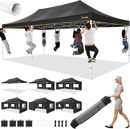 HOTEEL 13x26 Pop up Canopy Tent for Parties, Heavy Duty Easy Setup Tent with 6 Sidewalls, Outdoor Commercial Instant Gazebo for Wedding Event, with Roller Bag & Sand Bags, Black(Hexagonal Frame)