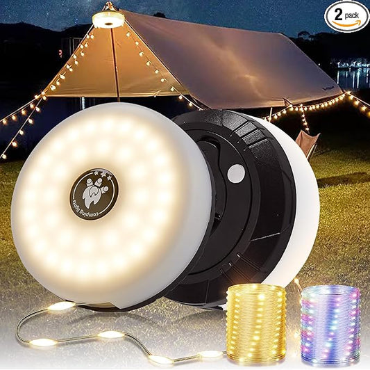2-Pack Camping String Lights, 4 in 1 Portable Camping Light Rechargeable, 8 Lighting Modes, USB Charging, Quick Storage, 32.8FT Waterproof Tent Lights String for Camping, Hiking, Yard, Christmas,Black