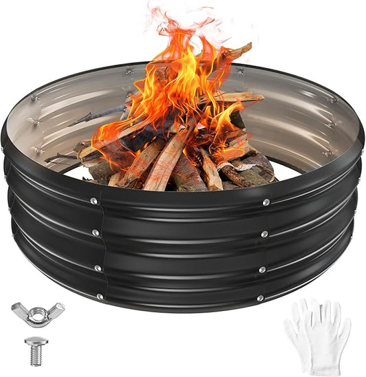 36 Inch Round Galvanized Fire Pit Ring/Fire Ring - Foldable and Perfect for Outdoor Gatherings and Campfires in The Yard/Garden/Park/Beach (Black+Gray, 3 FT Diameter+1 FT Tall)