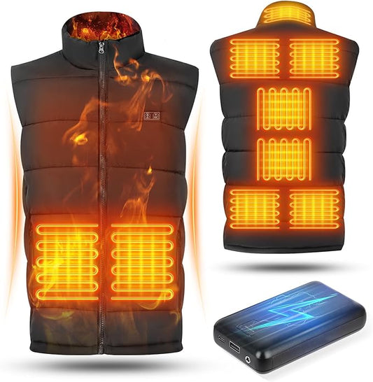 Heated Vest for Men, 3-Temp Dual Control, 9 Heat-Zone, Wind/Waterproof, 16000mAh Power Bank, for Skiing Hiking