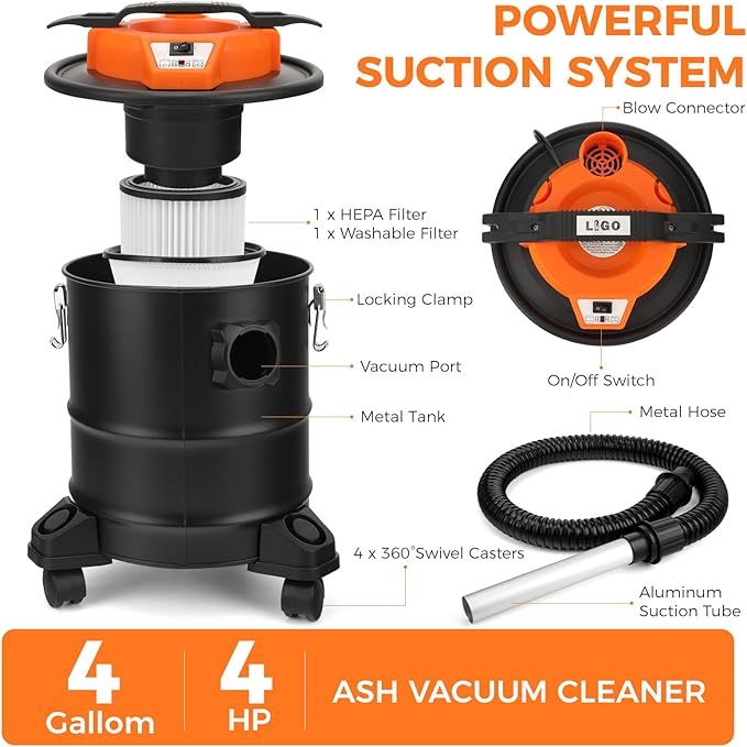 LIGO Ash Vacuum, 3.3 Gallon 1000W,Double Filtration, with 3 Swivel Casters,Blowing Funcation, Ash Dust Collector for Pellet Stoves & Wood Stoves,