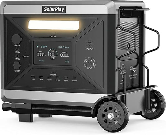 SolarPlay Portable Power Station 2400W/2160Wh(Peak 4800W), Power Station with Foldable Cart, LFP Battery 4XAC Outlets 1.5Hrs Fast Charging, Emergency Solar Generator for Home, Camping,Outdoor Backup