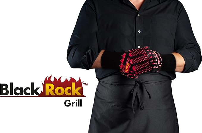Black Rock Grill Fire & Heat Resistant Cooking Gloves 923F -30cm Silicone Safety Oven Mitts with Fingers- Gloves for Grilling, BBQ, Fireplace, Lava Stones, EN407,EN388, EN ISO 21420 Certified (Large)
