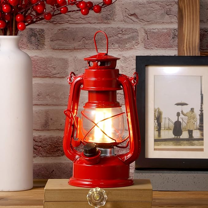 Hortsun 12 Pcs 8 Inch Vintage LED Hurricane Lantern Metal Red Outdoor Battery Operated Hanging Lantern with Warm LEDs and Dimmer Switch for Indoor Rustic Farmhouse Country Camping Decor
