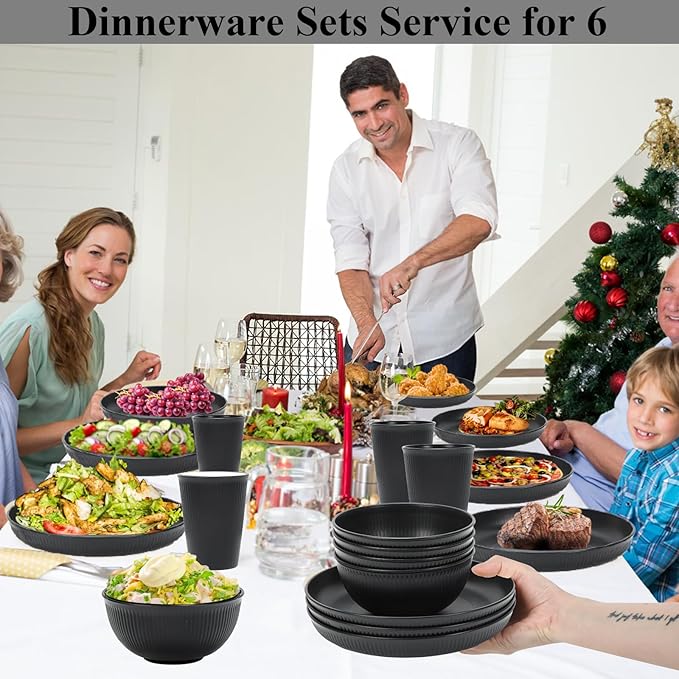 18PCS Wheat Straw Dinnerware Sets Unbreakable Dinnerware Sets Reusable Cups Plates and Bowls Sets Microwave for Kitchen Travel Camping