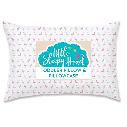 Little Sleepy Head Toddler Pillow with Pillowcase 13x18 - Kids Pillow for Sleeping - Better Neck Support Ergonomic Pillow and Toddler Pillowcase - Best Pillows for Kids (Flamingo Flock)