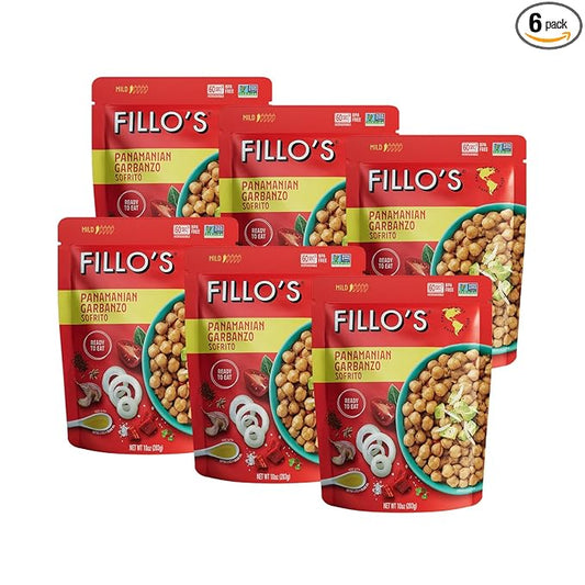 Fillo's Panamanian Garbanzo Beans, Ready to Eat Beans, 10 oz Pk of 6, Gluten-Free, Preservative-Free, Microwavable Meals, Non-GMO, Vegan, Plant Protein