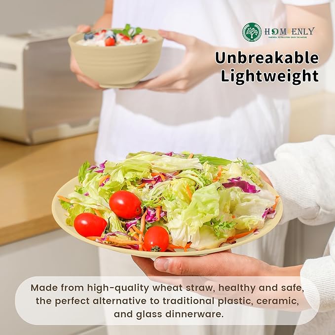 Homienly 24 PCS Premium Wheat Straw Dishes Set for 6, Reusable Plates and Bowls Sets,Cups,Lightweight & Unbreakable Dishwasher and Microwave Safe Dinnerware Sets for Kitchen,Outdoor- Beige