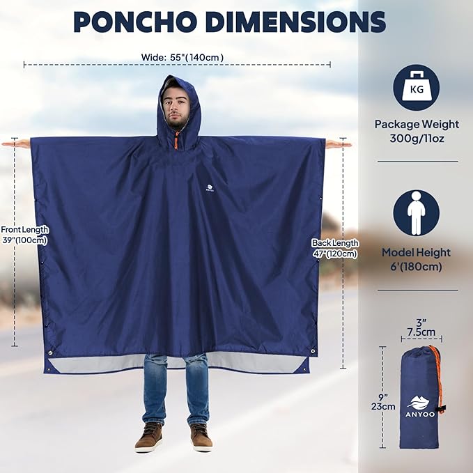 ANYOO Hooded Rain Poncho for Adults Waterproof Lightweight Rain Coat for Men Women Reusable Rain Jacket for Emergency Outdoor