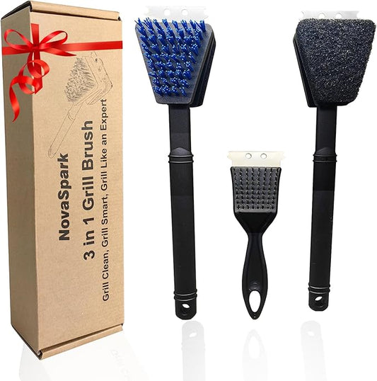 Nylon Grill Brush No Wire Bristle Barbecue Brush Grill Cleaning Kit Safe Grill Scraper Brush for Outdoor Grill Cleaner with Hole BBQ Brush Accessories Clean Cool Grates Gift for Men/Dad 3 PCS