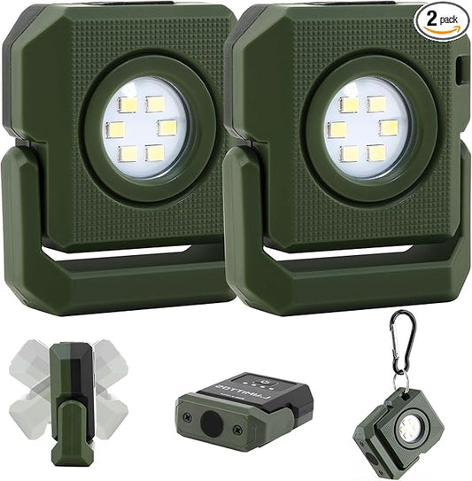2 Pcs Mini Rechargeable LED Work Light, 550 Lumens Magnetic Flashlight Keychain Lights with Rotatable & Magnet Base Portable Mechanic Light for Car Repairing Outdoors Camping, Green