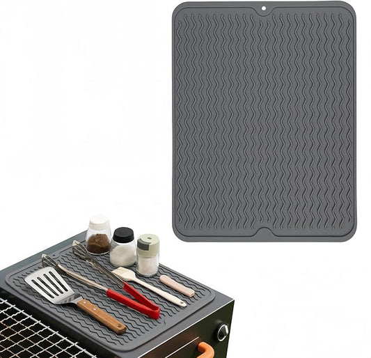 Silicone Grill Mat for Blackstone, Silicone Side Shelf Tool Mat, Outdoor BBQ Spatula Mat, with Drip Pad Kitchen Countertop Heat Resistant Mat, Griddle Accessories(Grey)