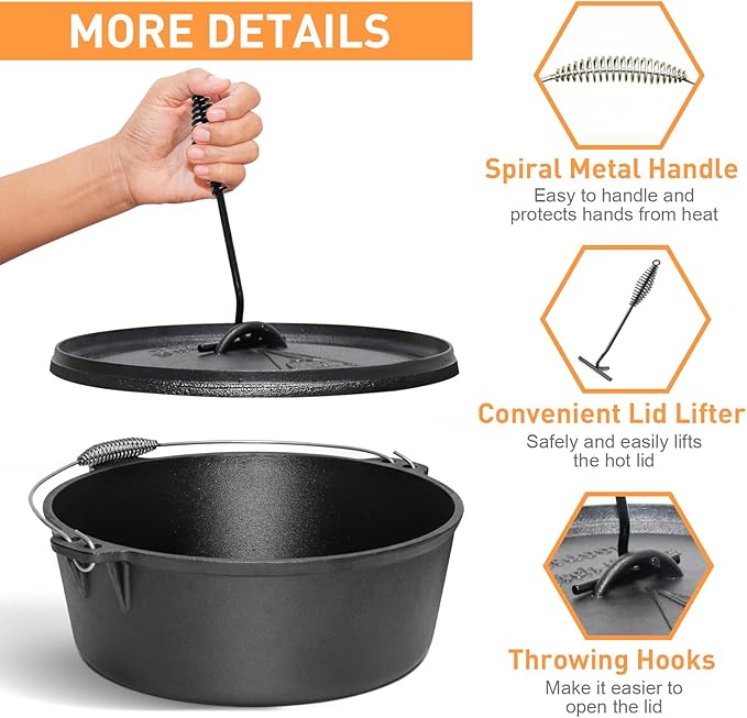 Camping Dutch Oven,12 Qt Pre-Seasoned Camping Cookware Pot with Lid - Lid Lifter, Cast Iron Dutch Oven with Metal Handle for Cooking BBQ Baking Campfire Modern Black