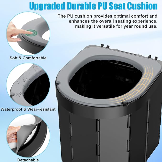 Portable Camping Toilet with PU Cushion, Folding Toilet for Adults with Phone Shelf and Toilet Paper Holder, Camping Porta Potty with Lid for Camping, Hiking, RV Travel, Road Trips