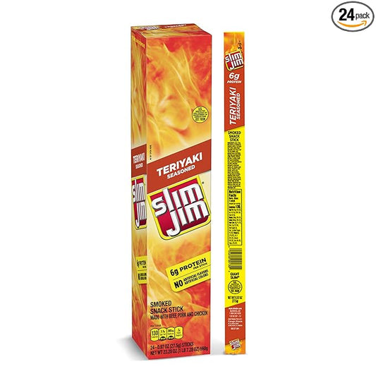Slim Jim Giant Smoked Meat Sticks, Teriyaki Flavor, 6g Protein Per Stick, 0.97 oz. (24 Count)