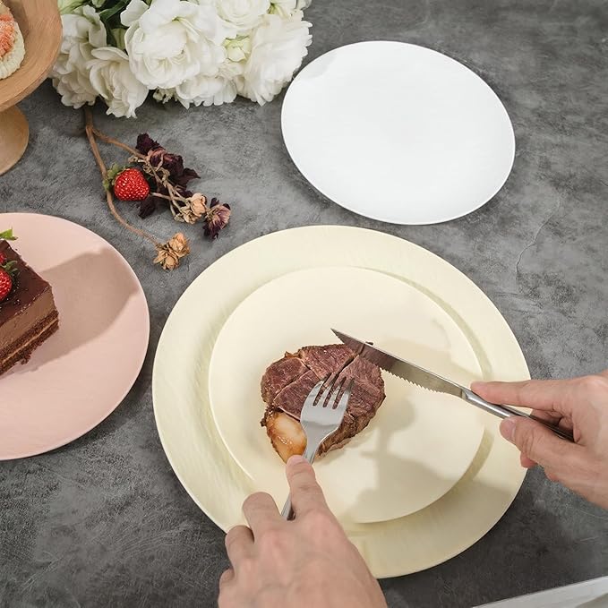 WONDERFUL 32pcs Heavy Duty Thanksgiving Plates Reusable Unbreakable & Dishwasher safe Ivory Plastic Plates Dishes Set Wedding Plate Frosted Design Includes:16 Dinner 10" and 16 Dessert Plate 7.3"