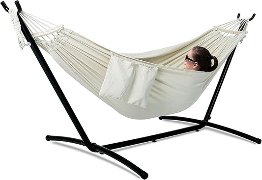 Double Hammock with Stand for Outside, Upgraded Spreader Bar, Heavy Duty Space Saving Steel Stand 2 Person, Convenient Pocket, Easy Assembly, 600lbs Weight Capacity, Indoor & Outdoor (Natural