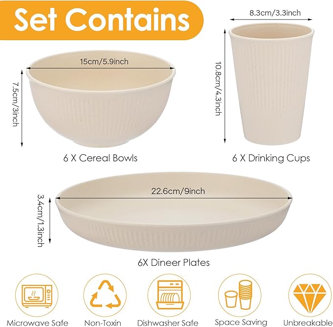 ﻿18PCS Wheat Straw Dinnerware Sets Unbreakable Dinnerwares Sets Reusable Cups Plates and Bowls Sets Microwave Dinnerware Sets for Kitchen Travel Camping ﻿