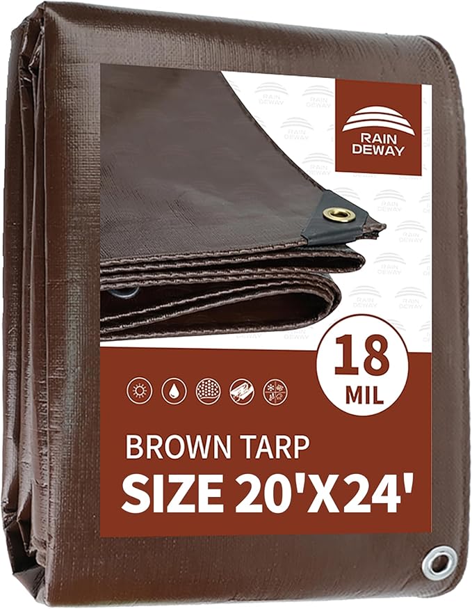 RAINDEWAY 20x24 Feet Super Heavy Duty Tarp 18 Mil,Large Tarps,UV Resistant, Weatherproof, Multipurpose Waterproof Poly Tarp Cover with Grommets and Reinforced Edges,Brown Tarps