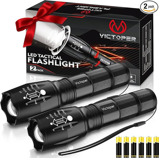 Victoper LED Flashlight 2 Pack, Bright Tactical Torch High Lumens with 5 Modes, Waterproof Zoomable Flash Light, Christmas Stocking Stuffers Gifts for Men, Hunting Camping Essentials Gear