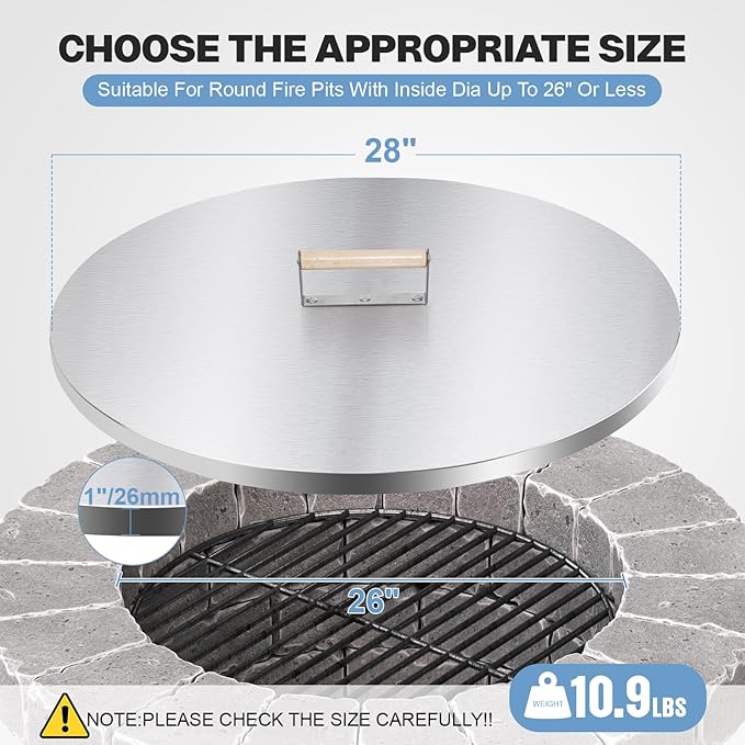 Fire Pit Lid Cover Round - 28" Stainless Steel Rust Resistant Firepit Cover or Table with A Wooden Handle for Patio Fire Pit, Weatherproof for All Seasons, Fits Fire Pits Up to 26"