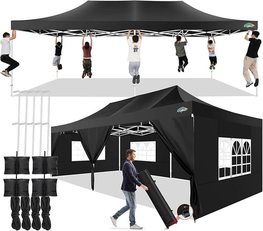 COBIZI 13x26 Pop up Canopy Tent 13x26 Canopy with 6 Sidewalls Waterproof Heavy Duty Commercial Canopy Tent for Parties Outdoor Tent Garden Gazebo Tent, Carry Bag with Wheel(13x26ft, Black)