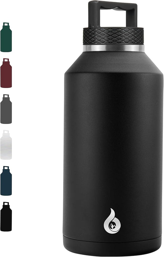 BJPKPK Half Gallon Water Bottle Insulated, Dishwasher Safe 64 oz Water Bottle with Handle, Leakproof BPA Free Water Jug, Large Stainless Steel Thermo for Sports, Black