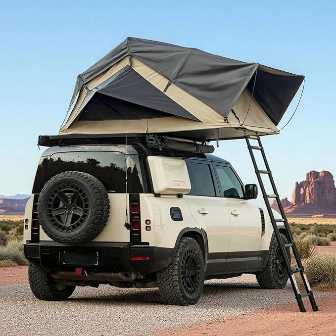 Rooftop Tent, Roof Top Tent for 2-3, Blackout-Coated Oxford & Polycotton for UV Protection and Waterproof, with Aluminum Ladder, Skyview Window, Mattress, for Car/Truck/Jeep/SUV/Van