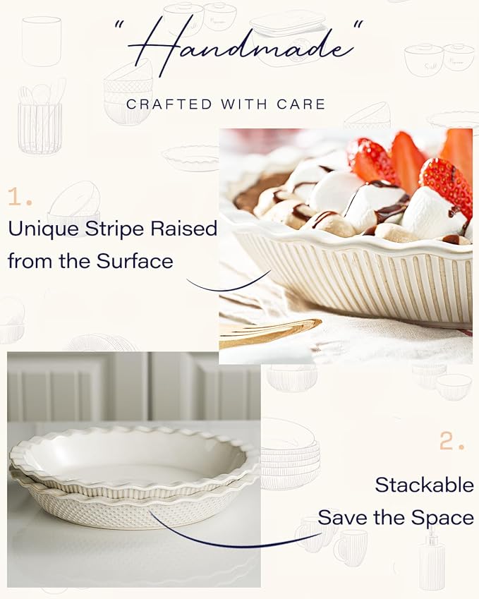 getstar Ceramic Pie Pan, 9 inch Pie Dish for Baking, Non-Stick, Oven & Dishwasher Safe, Farmhouse Decor Quiche Baking Dish, Pie Plate, Deep Dish Pie Pan (Embossed Stripes)
